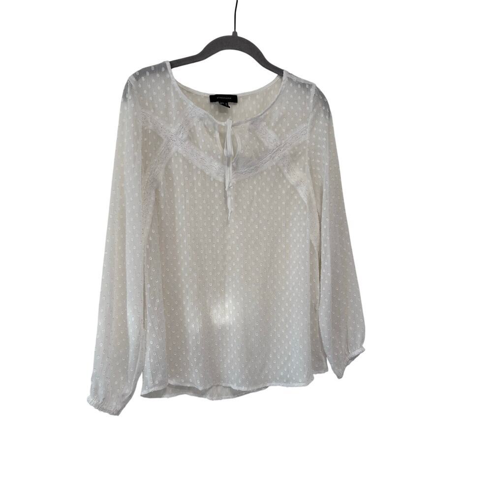 Atmosphere White Swiss Dot Peasant Blouse Lace Tie Neck Long Sleeve Size US 6 - Picture 3 of 7